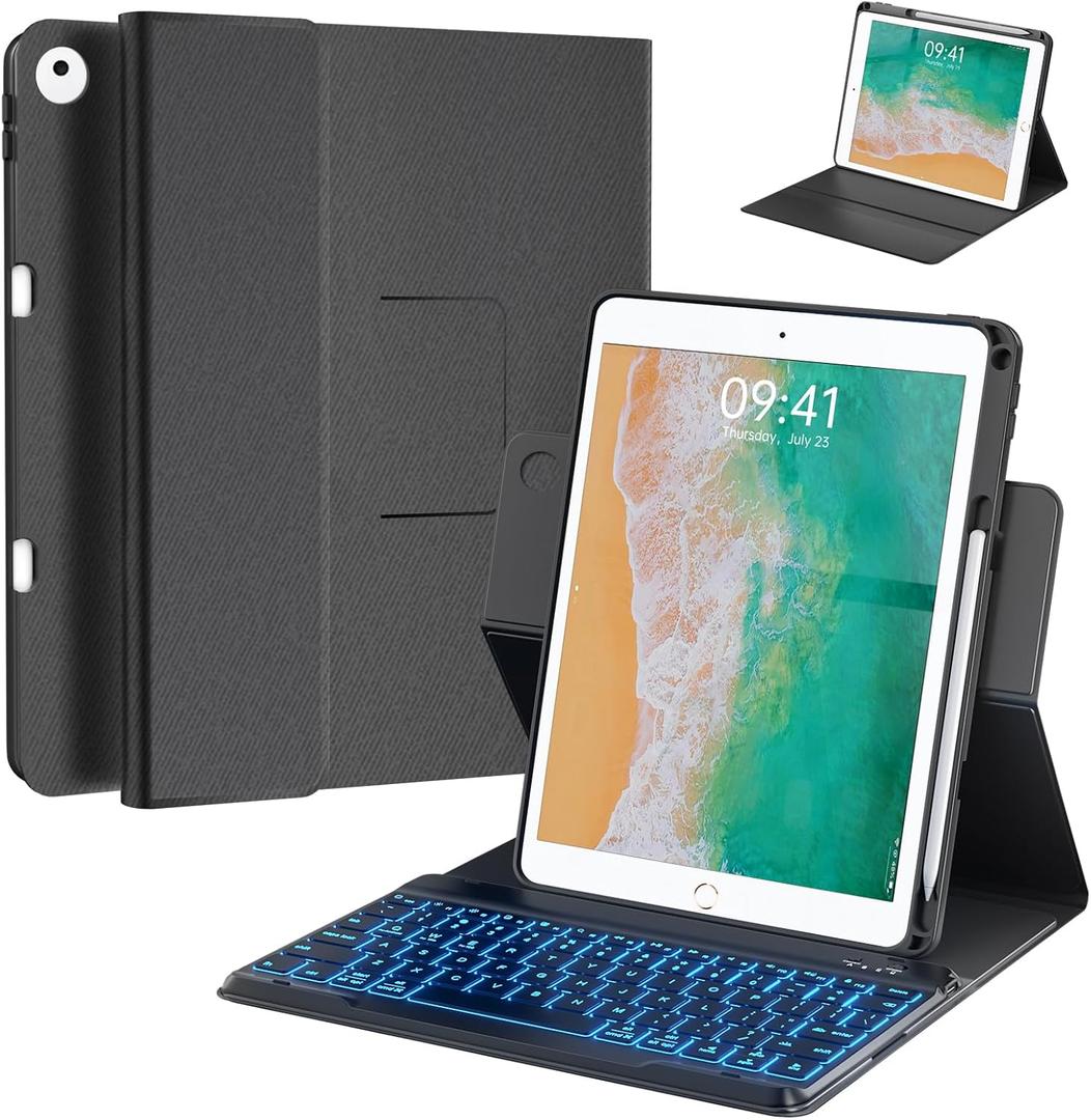 BLUTLOTUS Keyboard Case for iPad 9.7 inch 5th 6th Generation,360 Rotatable iPad Air 2 Keyboard Case with Pencil Holder(2018/2017/2014),7 Color Backlit Removable Bluetooth Smart Folio Cover (Black) (360 Rotating for iPad 5th/6th/Air 2, Black(360 Rotatable))