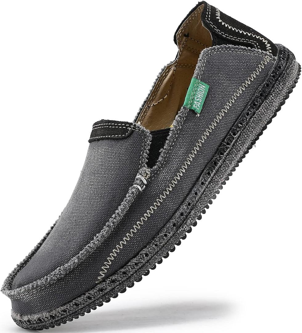 VILOCY Mens Slip on Deck Shoes Zero Drop Casual Canvas Loafer Vintage Flat Boat Shoes (9, Grey)