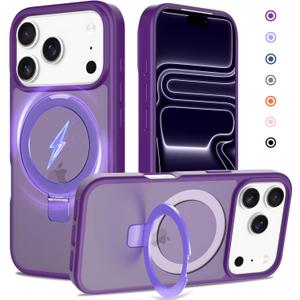Ultra-Magnetic Stand for iPhone 17 Pro Case [Military Drop Protection] [Compatible with MagSafe] Shockproof Translucent Matte Slim Ring Holder Case for iPhone 17 Pro (Purple)