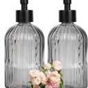 2 Pack 11oz Glass Soap Dispenser with Plastic Pump, Vertical Stripe Design Refillable Hand Soap Dispenser for Hand Wash, Bathroom and Kitchen