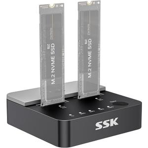 SSK NVMe SSD Cloner, M.2 Duplicator Dual Bay NVMe Enclosure, Tool-Free 20Gbps USB3.2 Gen 2X2 SSD to USB Adapter M.2 Docking Station for M Key PCIE NVMeSSD Reader Supports Offline Clone