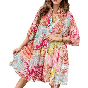 Women's Babydoll Mini Dress Boho Floral 3/4 Bell Sleeve Loose Short Shirt Sundresses Loose Fit Flowy Cover Up (S)