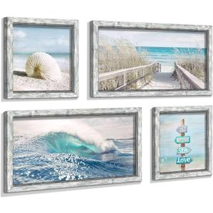 Ocean Wall Art Wooden Framed: Beach Artwork Coastal Prints Set of 4 Seascape Wall Decor for Living Room Overall 36"W x 24"H