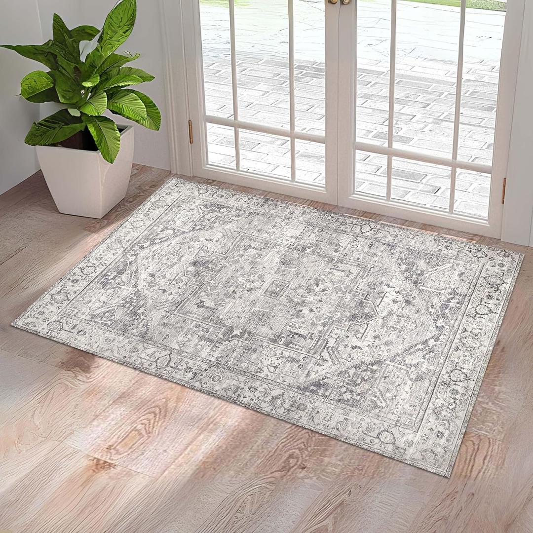 Washable Entryway Rug 2x3 | Non Slip Rugs Runners for Hallways, Entryways, Kitchens, Bathrooms, Bedrooms | Ultra-Soft Flannel Carpet Kitchen Rugs with Rubber Backing (Light Grey, 2x3)