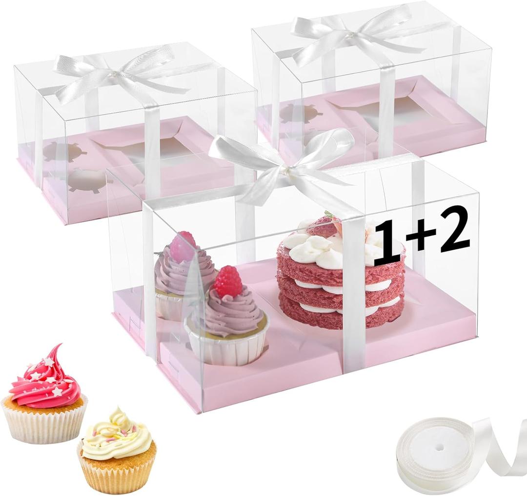 2 x 3Pcs Pink Bento Cake Cupcake Combo Boxes Valentine's Day 1+2 Bento Box with Clear Lid 2 Holes Pastry Sweets Cake Cupcake Combo Box Baking Supplies for Valentine Wedding Birthday Party(Pink 1+2/3Pcs)