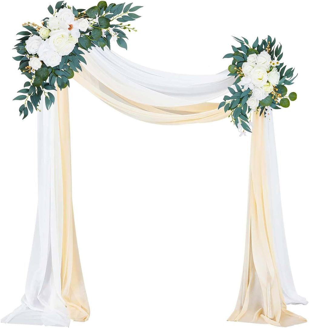 Thiccywoov 4 Pcs Wedding Arch Flowers and Drape Kit Include 2 Artificial Floral Swag and 2 White Chiffon Drapes, Faux Flower Set for DIY Wedding Party Reception Ceremony Backdrop Rose Decoration (Beige)
