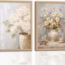 2Pcs Framed Vintage Canvas Wall Art, White Hydrangea Floral daisy Wall Decor Paintings, Flower Pictures Prints Aesthetic Home Decor for Living Room Bedroom Bathroom Office 16x24 inch Ready to Hang