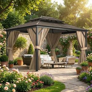 13'X10' Hardtop Gazebo, All-Weather Aluminum Frame Outdoor Canopy with Double Polycarbonate Roof, Permanent Outdoor Gazebo with Netting & Curtains for Garden, Lawns, Patio, Grey.