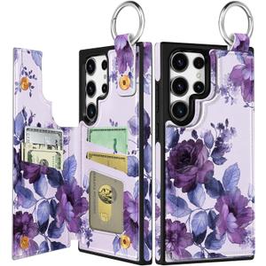 Shorogyt for Samsung Galaxy S24 Ultra Wallet Case with Card Holder - Designer Purple Flower Pattern Kickstand Magnetic Clasp Back Flip Folio Leather Phone Cases for S24 Ultra for Women Men Girls