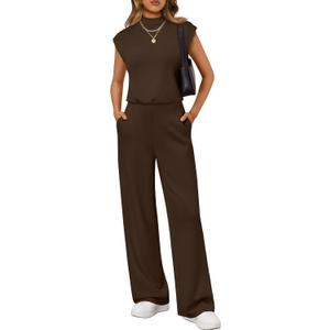 LILLUSORY Jumpsuits for Women Dressy Summer Jumpsuit 2026 Mock Neck Tops High Waist Wide Leg Pant with Pockets (Brown, M)