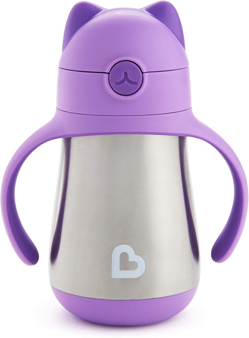 Munchkin Cool Cat Sippy Cup for Toddlers, Stainless Steel Straw Cup, 8 Ounce, Purple