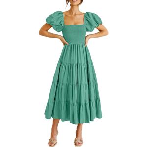 PRETTYGARDEN Women's Casual Summer Midi Dress Puffy Short Sleeve Square Neck Smocked Tiered Ruffle Dresses (Large, Green)