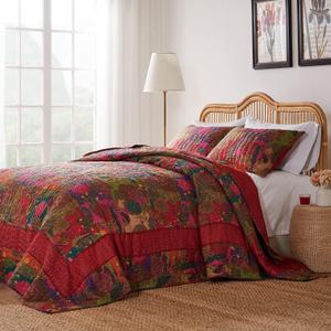 Greenland Home Jewel Cotton Kantha-Quilted Bedspread Set - Jumbo Sized Reversible Quilt Set, 3-Piece Queen, Red
