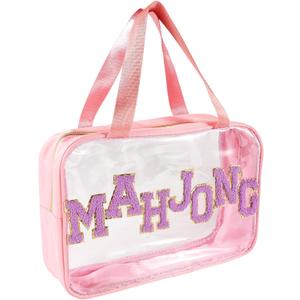 Empty Mahjong Bag, 11.81x8.66x3.54in PVC Material Clear American Mahjong Tile Travel Carrying Storage Case with Smooth Zipper and Sewn-in Chenille Lettering Patterns for Game Lovers(Only Bag, Pink)