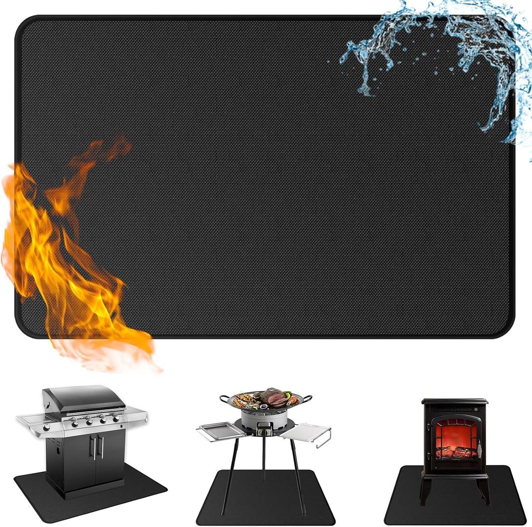Anze Under Grill Mat for Outdoor Grill, 24 x 42 Inch Anti-Slip BBQ Floor Mats, Easy to Clean Reusable Double-Sided Fireproof Grill Pad, Oil-Proof Waterproof Protector for Indoor Fireplace Pit Mat (Black)