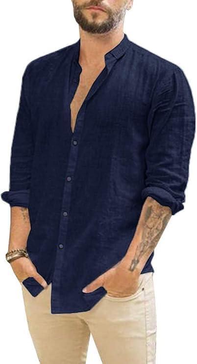 JEKAOYI Mens Summer Casual Long Sleeve Cotton Linen Shirts Button Up Solid Plain Roll-Up Sleeve Beach T Shirts, XL