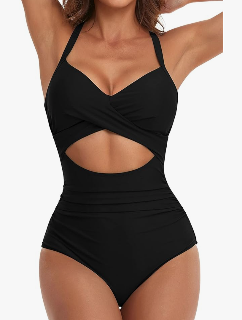 Eomenie Women's One Piece Swimsuits Tummy Control Cutout High Waisted Bathing Suit Wrap Tie Back 1 Piece Swimsuit L