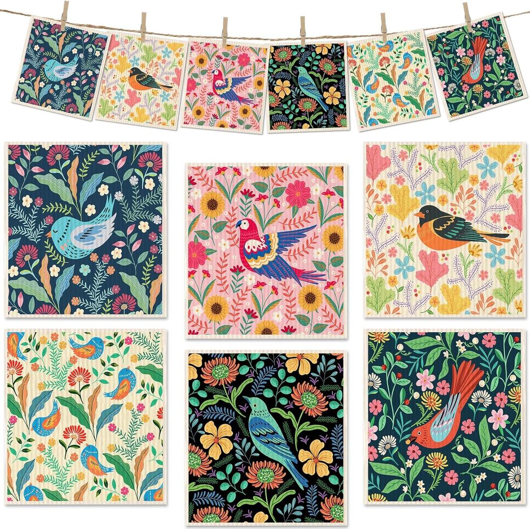 Swedish Dish Cloths for Kitchen, 6 Pack Reusable Paper Towels Washable, Super Absorbent Cellulose Kitchen Towels, Quick Drying Dish Cloths Sponge for Cleaning (Birds Flowers)