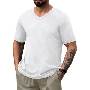 NIASHOT Mens T Shirts Short Sleeve Classic V Neck T-Shirt Casual Summer Basic Tee Shirt (White, L)