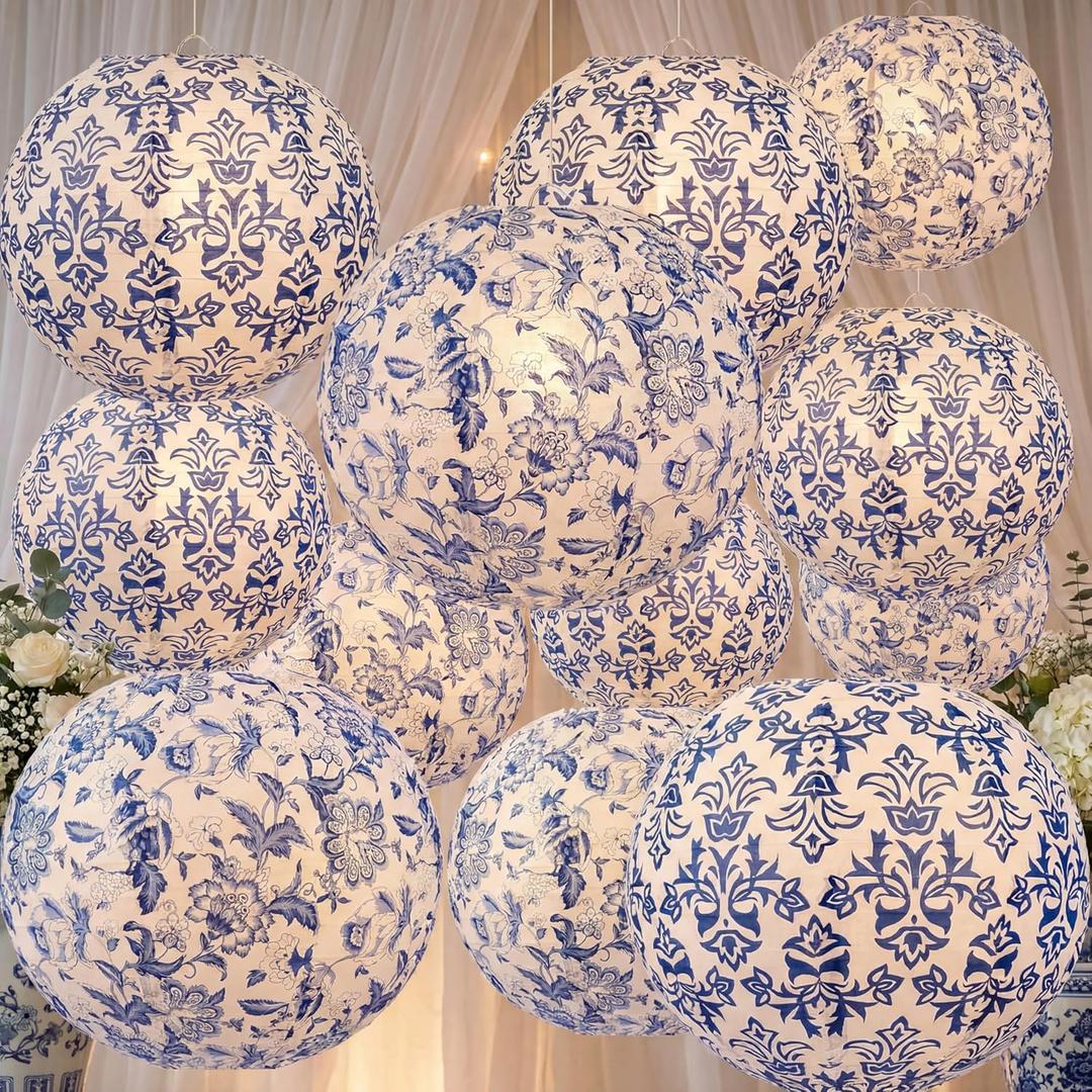 Retisee 12 Pcs Chinoiserie Paper Lantern Set 10 Inches Wedding Blue and White Decoration Blue and White Porcelain Print Decor Chinese Hanging Lantern for Ceiling Birthday Baby Shower Home Decor
