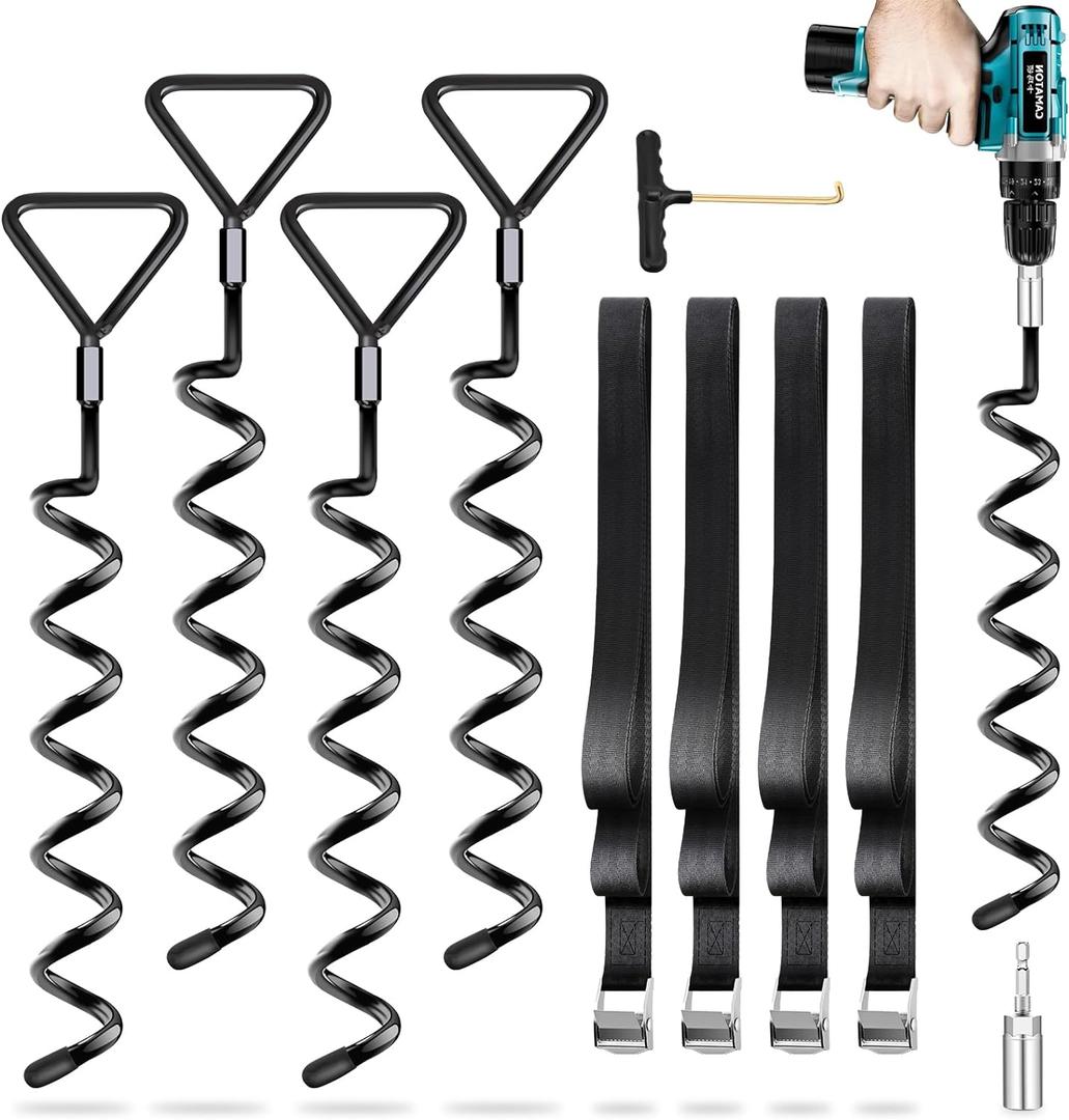 Trampoline Stakes Heavy Duty Trampoline Anchors Kit, Spiral Screw In Ground Anchors with Straps, Earth Anchors Earth Anchors Swing Set Anchors for Trampoline (4 Pack, Black)