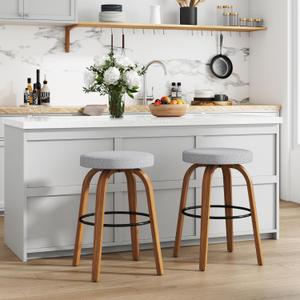 Swivel Bar Stools Set of 2, 26 Inch Counter Height Backless Bar Stools, Fabric Upholstered Seat, Sturdy Curved Wood Legs, Mid-Century Modern Island Stools for Kitchen Bar, Dining Room, Gray