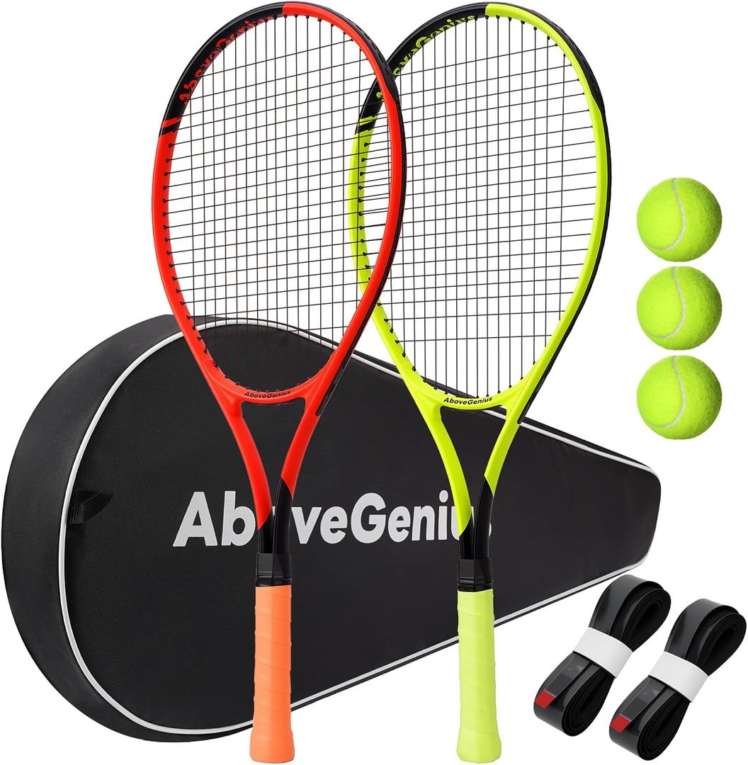 AboveGenius Neon Tennis Rackets 2 Pack for Adults- 27" Lightweight Aluminum Tennis Racquet Set with 3 Balls & Bag- Vibrant High-Visibility Matte Finish for Men Women Beginners