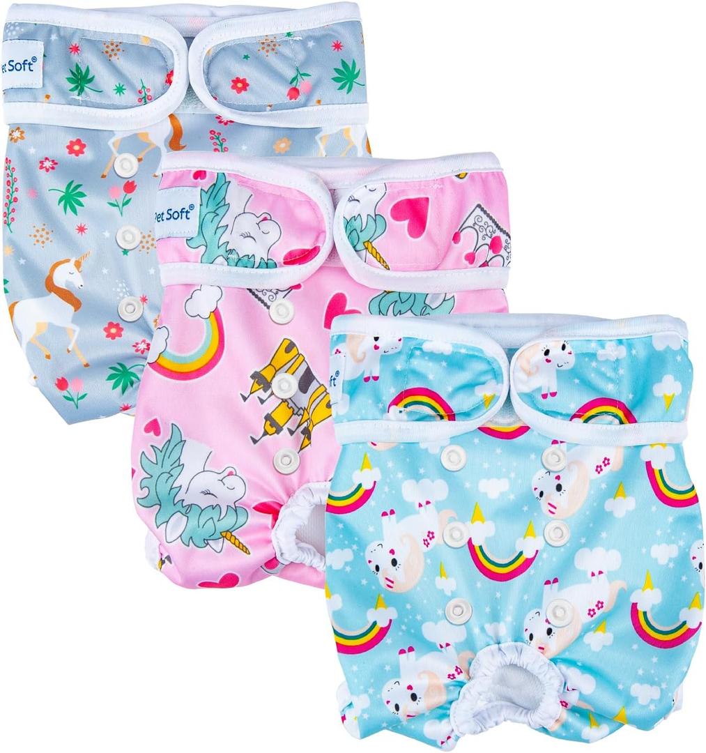 Pet Soft Female Dog Diapers, 3 Pack Washable Dog Diapers Female for Dogs in Heat Reusable Dogs Period Panties, Puppy Diapers (Animals, M)