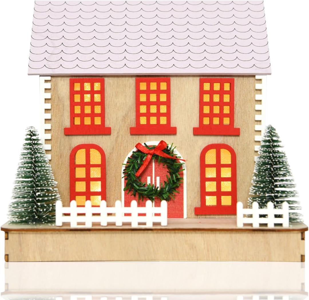 Christmas Scene Village Houses with LED Lights-Christmas mini Glow House Decoration-Wooden Crafts-Home Desktop Decorations Battery Operated Decoration for Winter Xmas Holiday Party L/UP VILLAGE