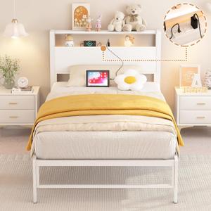 Merronix Twin Bed Frames with Charging Station, 2 Tiers Storage Headboard Twin Sized Bed No Box Spring Needed Heavy Duty Metal Platform, White