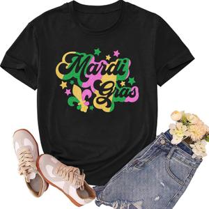 Mardi Gras Shirts for Women Fat Tuesday Tshirts New Orleans Carnival Party Fleur De Lis Tee Tops (Black, L)