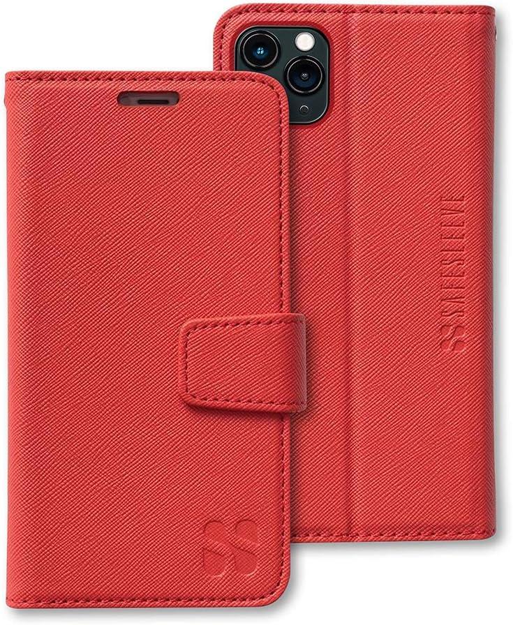 SafeSleeve EMF Protection iPhone Case: iPhone 12 Pro Max RFID Blocking Card Holder Wallet, Adjustable Stand Case, Vegan Leather for Women & Men (Red)