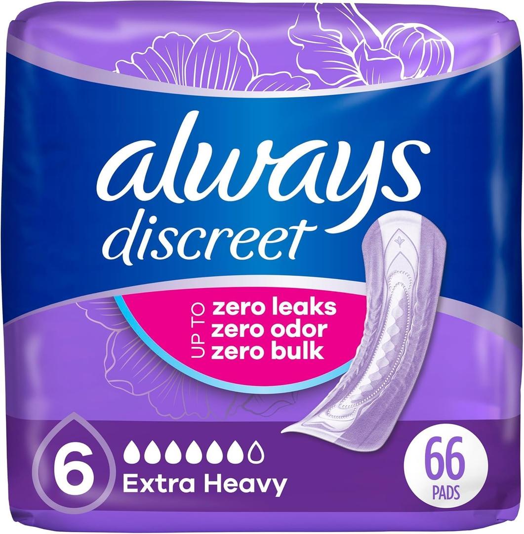 Always Discreet Adult Incontinence Pads for Women, Extra Heavy Absorbency, Regular Length, Postpartum Pads, Up to 100% Bladder Leak Protection, 33 Count x 2 Packs (66 Count Total) (Packaging May Vary)