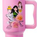Silver Buffalo Disney Princess Featuring Cinderella, Mulan, Belle, Ariel, Tiana, and Jasmine Stainless Steel Tumbler with Handle and Straw, Fits in Standard Cup Holder, 40 Ounces