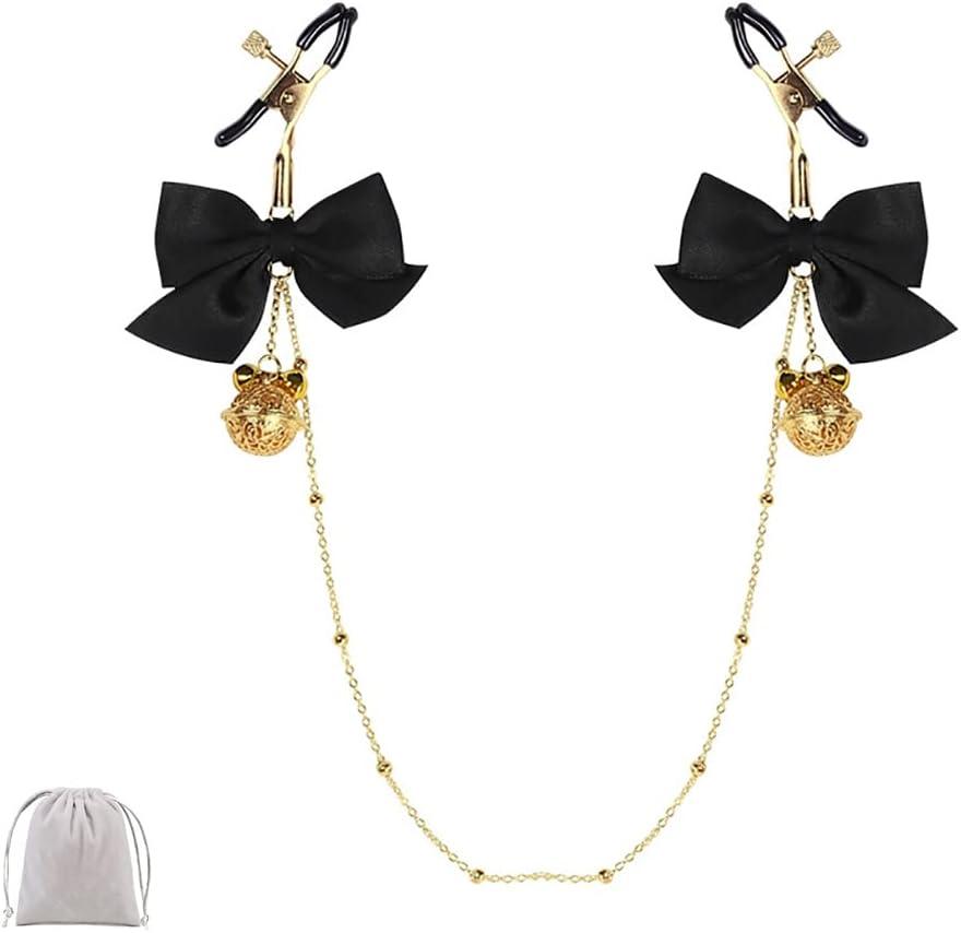 2 x Adjustable Nipple Clamps with Chain Non Piercing Nipple Clips with Bells Attractive Nipple Clip Body Jewelry (Black A)