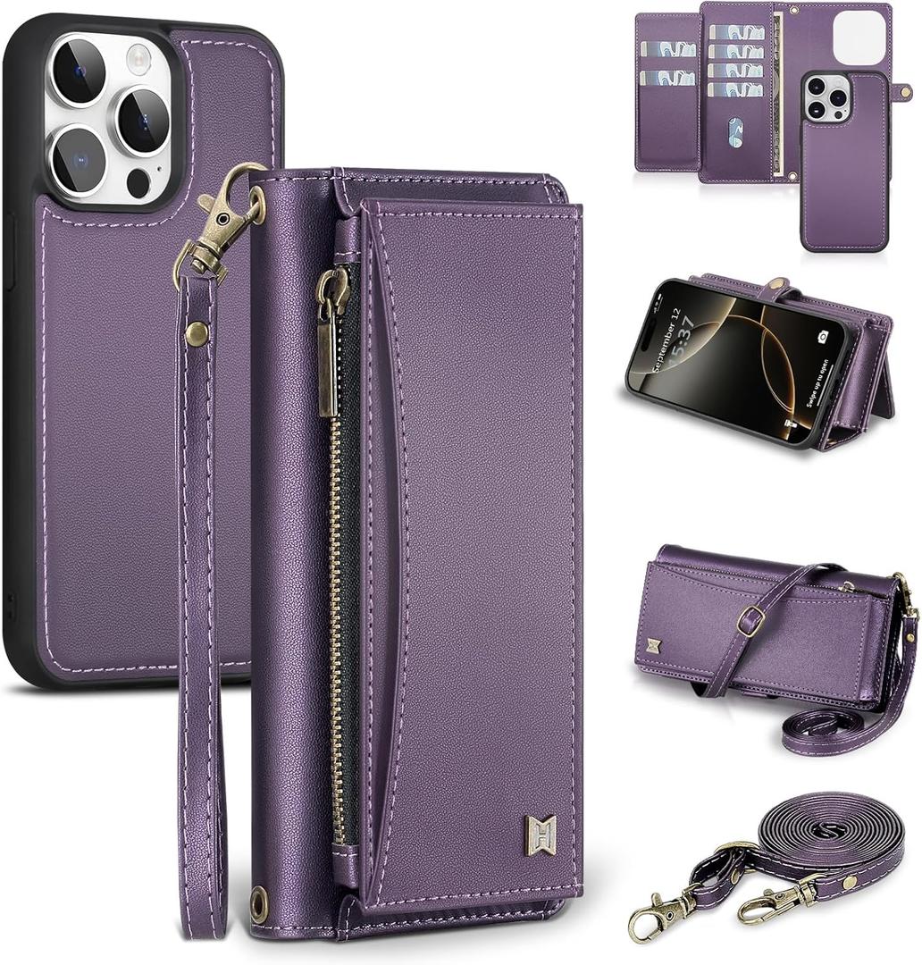 Wallet Case for iPhone 16 Pro with Card Holder/Crossbody Wallet/Strap,[RFID Blocking][Magnetic] PU Leather Shockproof Protective Cover iPhone 16 Pro Phone Case,6.3in,Purple