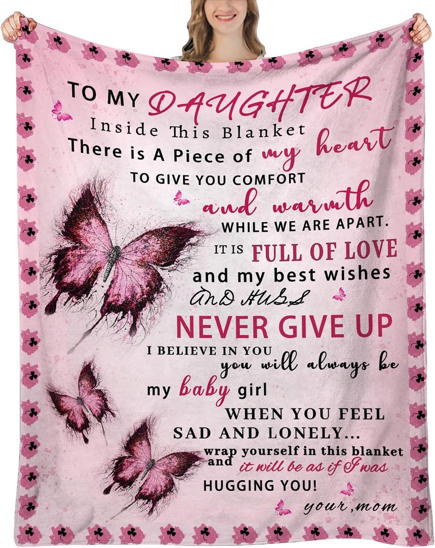 Daughter Blanket from Mom, Daughter Gifts from Mom, Daughters Birthday Gifts, Christmas Birthday Gift for Daughters Adult, Soft Flannel Throw Blanket, Pink Butterfly, 60"x50"