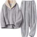 Peaceglad Mens Fluffy Coral Fleece Pajamas Set Pullover Pants Loose Plush Warm Loungewear Sleepwear (X-Large, Grey)