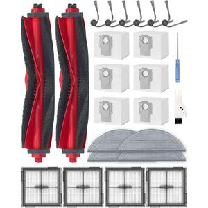 24 Pcs Accessories Kit for Roborock Q10 S5+ Robot Vacuum Cleaner, Replacement Parts with 2 Main Brush, 6 Side Brushes, 4 HEPA Filters, 6 Dust Bags, 4 Mop Pads, 1 Cleaning Brush