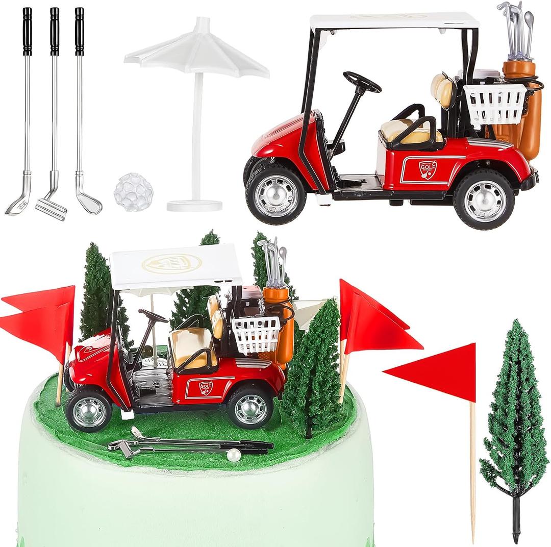 Leitee 21 Pcs Golf Cake Topper Cake Decoration Cupcake Topper Include Mini Cart Red Flag Ball Green Tree Club Sun Umbrella for Golf Themed Birthday(Red,Classic)