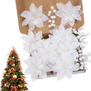 24 Pcs White Boxed Christmas Poinsettia Flowers Set, 16 Pcs Artificial Poinsettias with Clips, 8 pcs Glitter Christmas Tree Ornaments Berry Stems for Wedding Home Holiday Xmas New Year Decorations