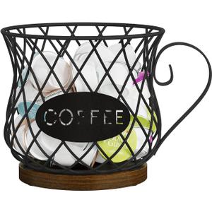 YINMIT K Cup Holder Organizer, Rustic Coffee Pod Holder Organizer, 35 Kcup Holder for Counter with HandleLarge Capacity Black Wire Coffee Capsule Basket for Kitchen Office Desktop (Circular Grid)