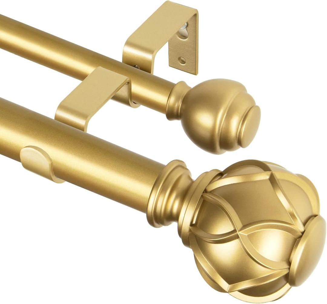KAMANINA 1 Inch Double Curtain Rods for Windows 36 to 72 Inches (3-6 Feet), Warm Gold Heavy Duty Double Curtain Rod, Telescoping Drapery Rod with Netted Texture Finials