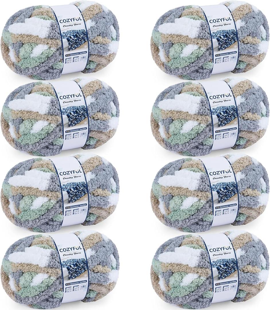 Cozyful Chunky Yarn for Hand Knitting - #10 Chunky Chenille Blanket Yarn, Jumbo Big Thick Chunky Yarns for Crocheting, Tie Dye Bulky Knit Yarns, 8 Skein (25 yds 8 oz Each Skein), Cream&Sage&Grey&Khaki