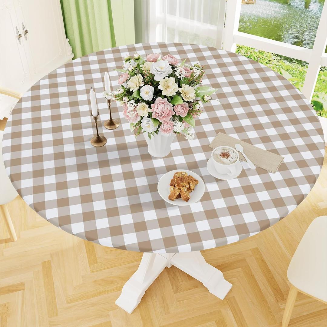 Smiry Round Picnic Tablecloth, Elastic Waterproof Fitted Vinyl Tablecloths for 36"-44" Tables, Flannel Backed Buffalo Plaid Table Cover for Dining, Camping, Outdoor, White and Khaki