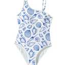 Milumia Girl's One Piece Swimsuits Seashell Print Asymmetrical Neck Bathing Suits Beachwear White 10 Years (Blue)