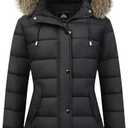 Women's Winter Thickened Down Jacket Warm Long Puffer Coat Waterproof Parka with Faux Fur Removable Hood (Black, XL)