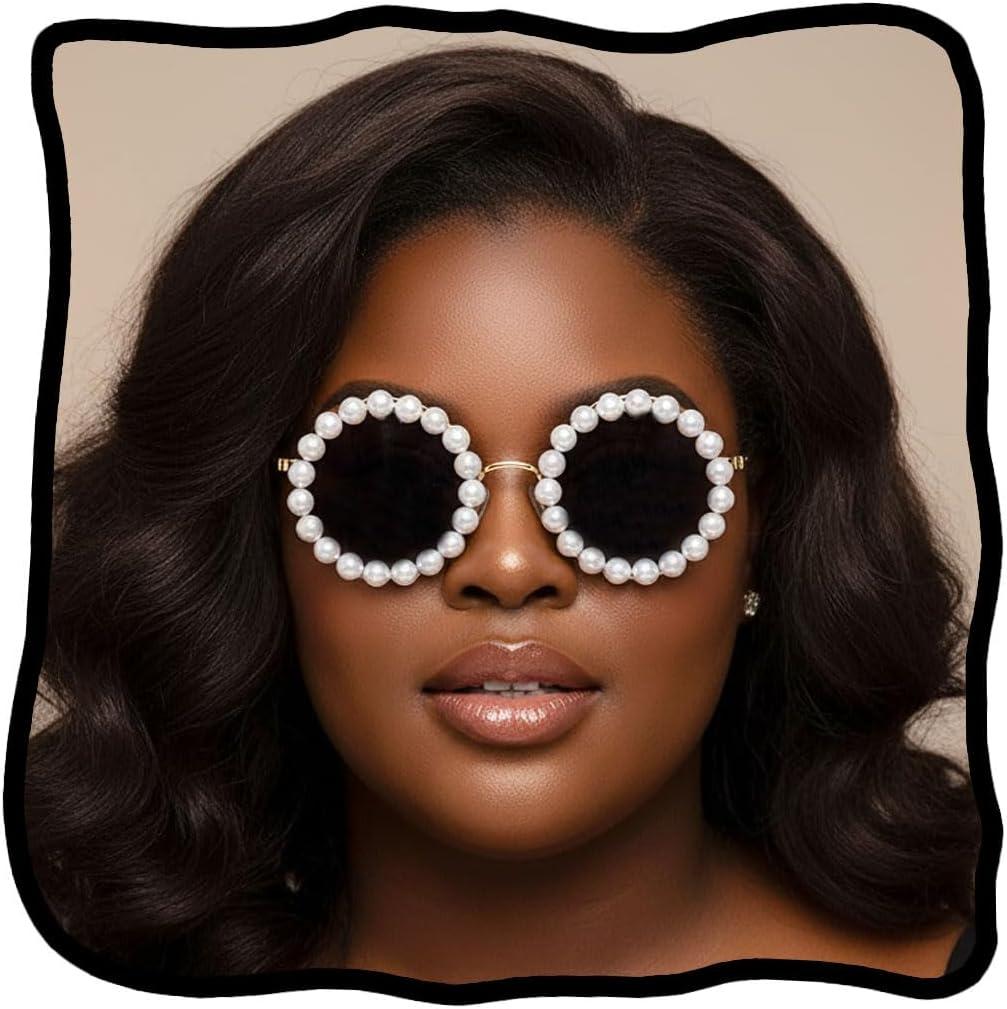 Woeoe Pearl Round Sunglasses Round Sun Glasses for Women Classic Shades Vintage Men Bling Party Sunglasses Eyewear
