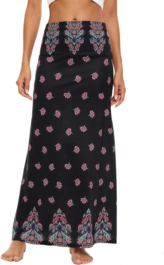 Zando Long Skirts for Women Trendy Dresses High Waisted Maxi Skirt Casual Workout Stretchy Flared Flower Skirt for Girls (Large, Black Pink Floral)
