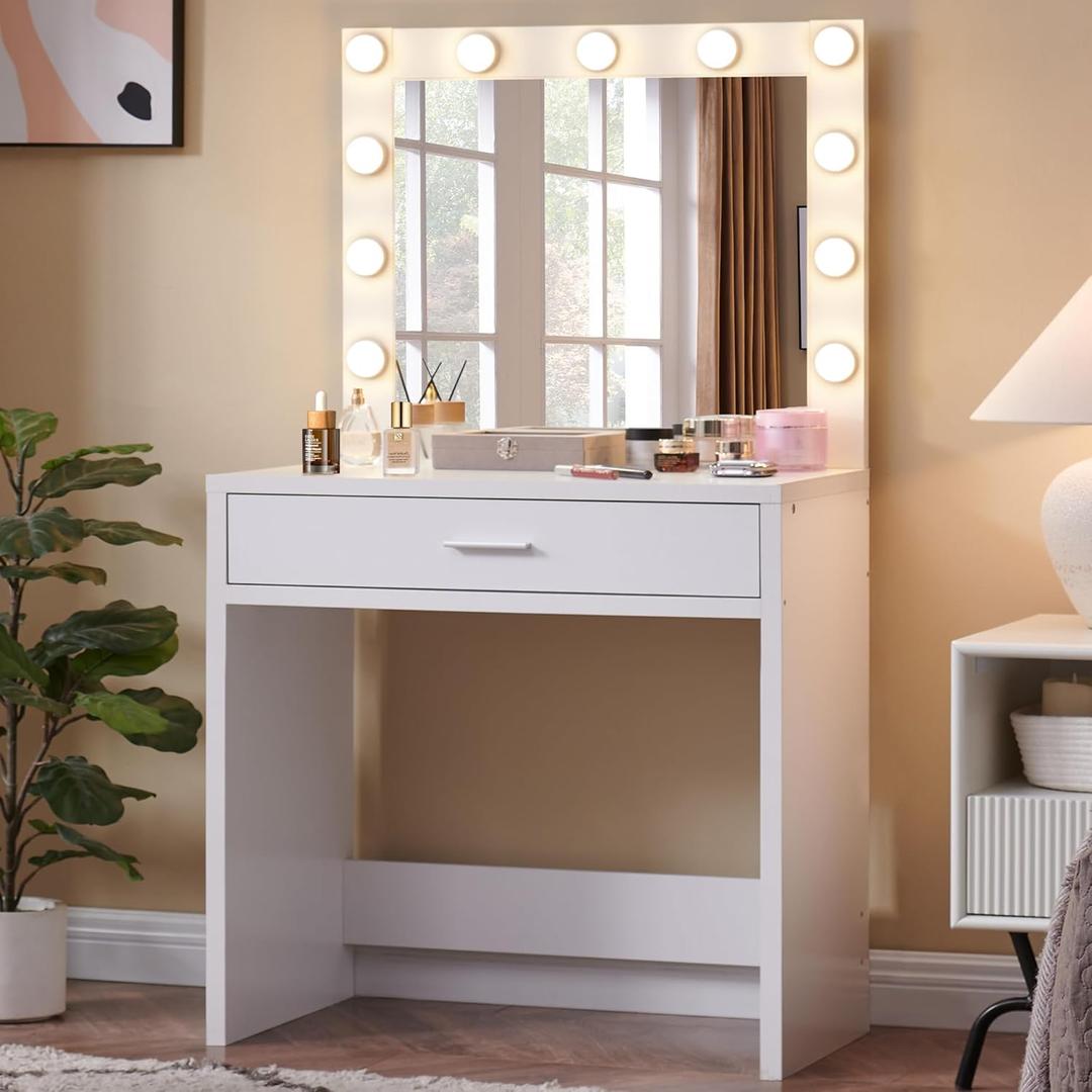 Vanity Desk with Lamp Bulb Mirror Makeup Vanities Table Drawers, Vanity Storage Bench, for Bedroom White